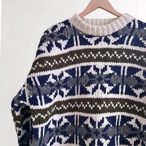 Vintage 100% Wool Scandi Nordic Sweater Cabincore Apres Ski Blue Cream Fair Isle - Picture 5 of 10